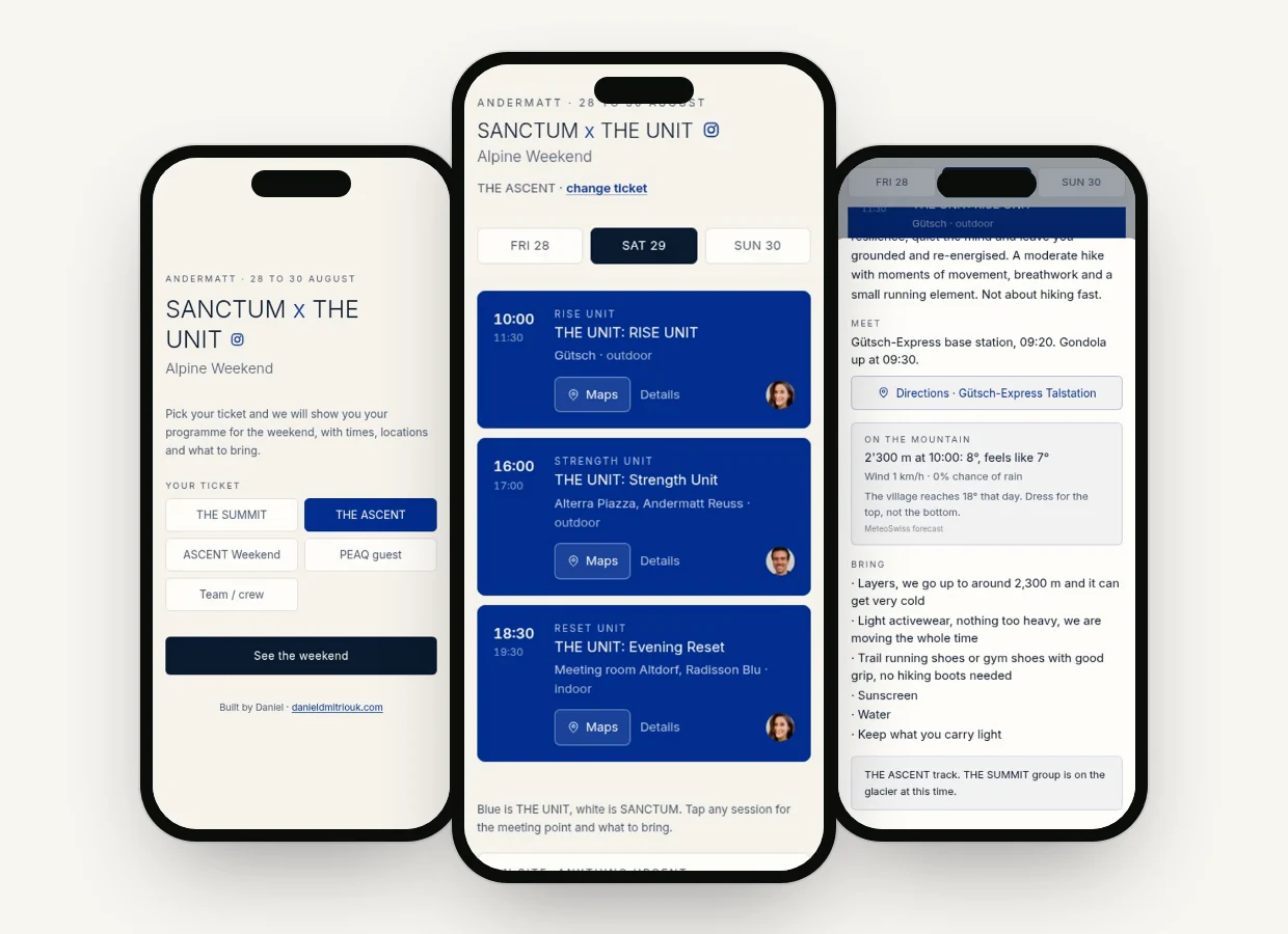 Drei Handys mit der Alpine-Weekend-App: Ticket wählen, eigener Tagesplan, Details mit Wetter am Berg