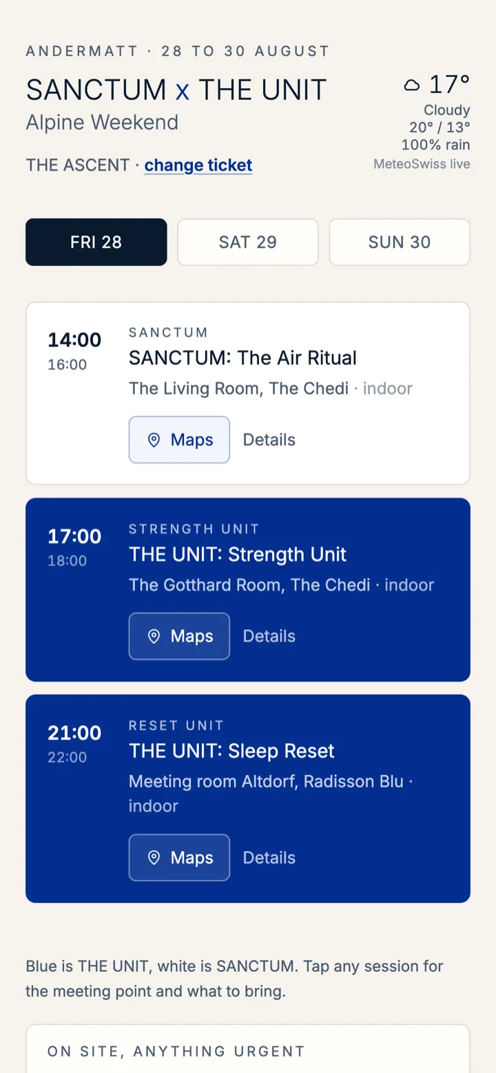The Friday schedule showing SANCTUM and THE UNIT sessions