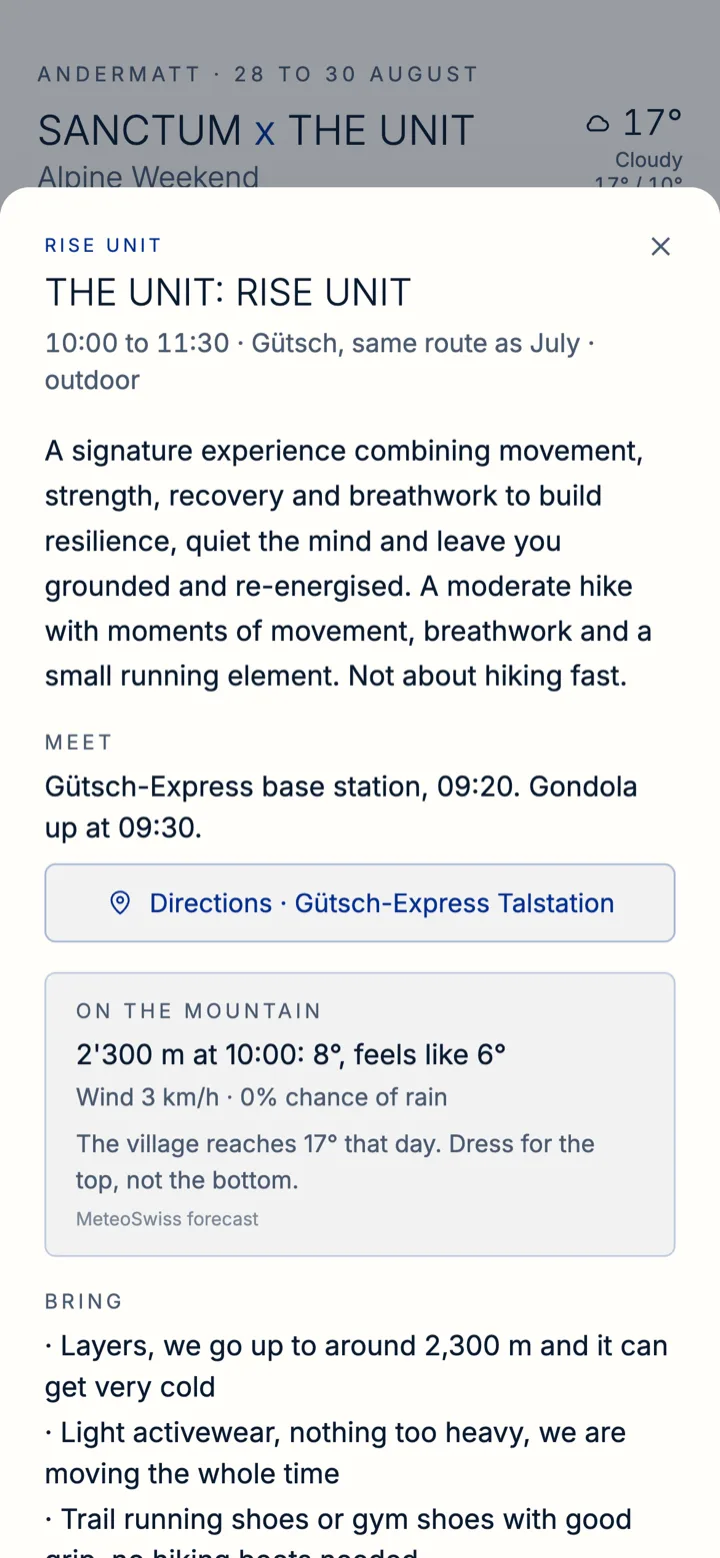 Session detail with meeting point, directions, mountain conditions and kit list
