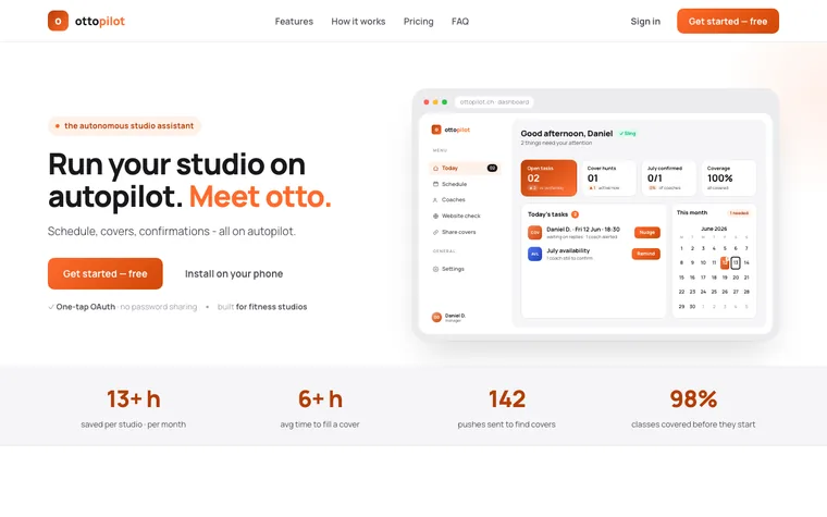 Startseite von ottopilot mit dem Dashboard eines Fitnessstudios