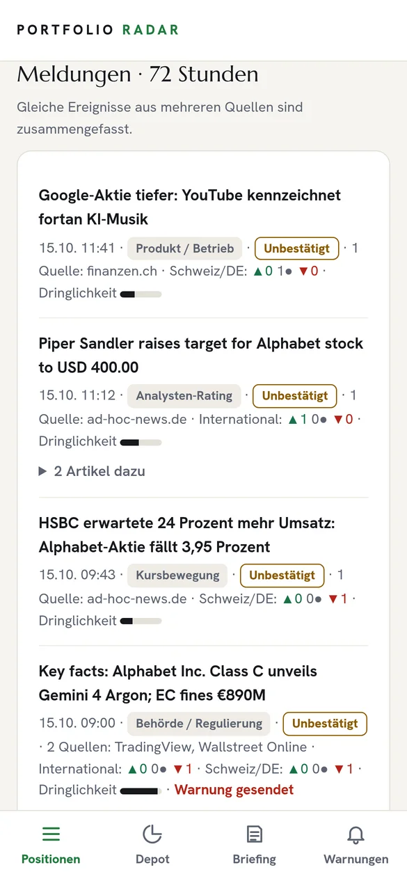 Ereignisse mit Quellen und Dringlichkeit