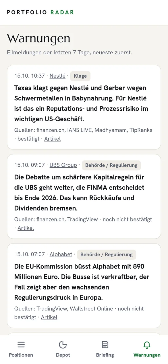 Seite mit den Warnungen der letzten 7 Tage