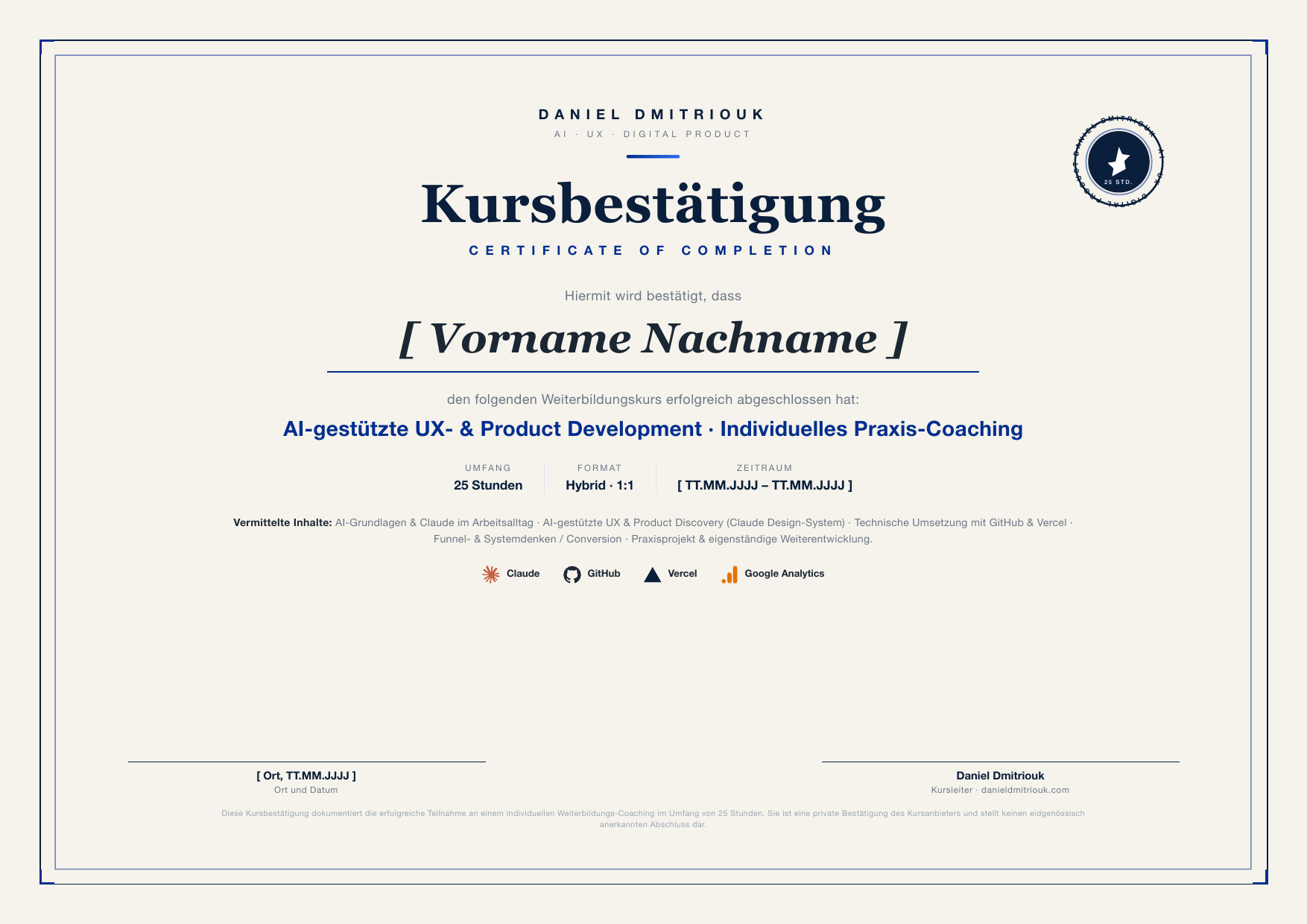 Certificate of Completion / Kursbestaetigung